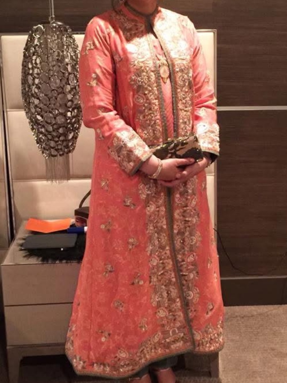 Coral Embroidered Long Sleeve Maxi Dress with Metallic Trim